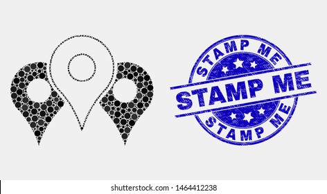Pixel map markers mosaic icon and Stamp Me seal. Blue vector rounded grunge seal with Stamp Me phrase. Vector collage in flat style. Black isolated map markers mosaic of scattered dots,