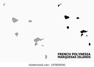 Pixel map of Marquesas Islands mosaic and solid illustration. Vector map of Marquesas Islands combination of sphere pixels with honeycomb periodic order on a white background.