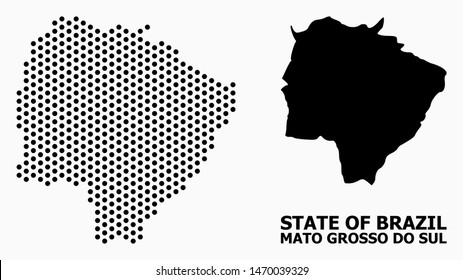 Mapa de Pixel de la composición del estado de Mato Grosso do Sul e ilustración sólida. Mapa vectorial de la composición del estado Mato Grosso do Sul de píxeles redondos con un patrón geométrico hexagonal en un fondo blanco.