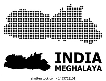 Pixel map of Meghalaya State mosaic and solid illustration. Vector map of Meghalaya State composition of sphere items on a white background.