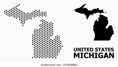 Pixel map of Michigan State composition and solid illustration. Vector map of Michigan State composition of sphere points with honeycomb geometric pattern on a white background.