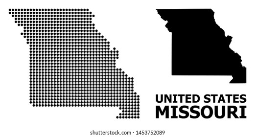 Pixel map of Missouri State composition and solid illustration. Vector map of Missouri State composition of circle elements on a white background.