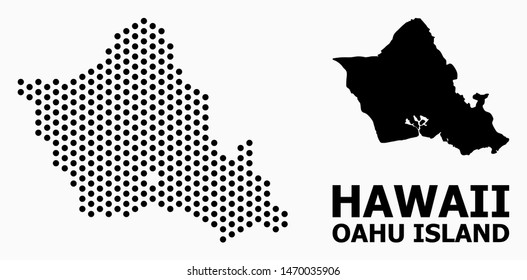 Pixel map of Oahu Island composition and solid illustration. Vector map of Oahu Island combination of round items with hexagonal geometric order on a white background.