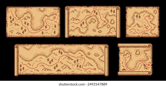 Pixel map paper scrolls, vector travel or pirate game UI assets. Pixel art maps on old parchment, pirate treasure hunt and adventure navigation scrolls with grunge texture, red routes and crosses