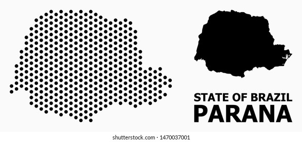 Pixel map of Parana State composition and solid illustration. Vector map of Parana State composition of spheric points with honeycomb geometric order on a white background.