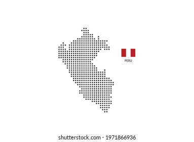 Pixel map of Peru. Vector square pixel dotted map of Peru isolated on white background with Peru flag.