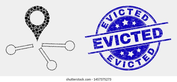 Pixel map pointer links mosaic icon and Evicted seal stamp. Blue vector round scratched seal stamp with Evicted phrase. Vector composition in flat style.