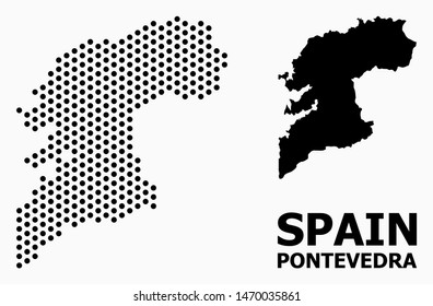 Pixel map of Pontevedra Province composition and solid illustration. Vector map of Pontevedra Province composition of spheric items with hexagonal geometric pattern on a white background.