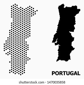 Pixel map of Portugal composition and solid illustration. Vector map of Portugal composition of sphere points with honeycomb geometric pattern on a white background.