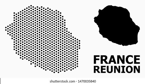 Pixel map of Reunion Island mosaic and solid illustration. Vector map of Reunion Island composition of round dots with honeycomb geometric order on a white background.