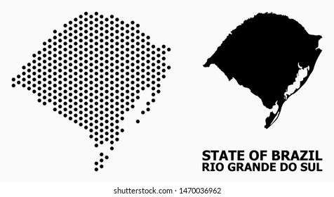 Pixel map of Rio Grande do Sul State composition and solid illustration. Vector map of Rio Grande do Sul State composition of sphere spots with hexagonal geometric pattern on a white background.