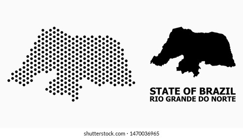 Pixel map of Rio Grande do Norte State composition and solid illustration. Vector map of Rio Grande do Norte State composition of circle pixels with honeycomb periodic array on a white background.