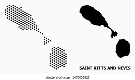 Pixel map of Saint Kitts and Nevis composition and solid illustration. Vector map of Saint Kitts and Nevis composition of circle points with hexagonal geometric order on a white background.