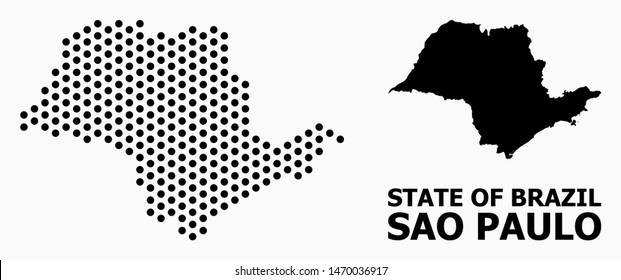 Pixel map of Sao Paulo State composition and solid illustration. Vector map of Sao Paulo State composition of round dots with hexagonal periodic order on a white background.