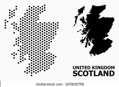 Pixel map of Scotland mosaic and solid illustration. Vector map of Scotland combination of sphere spots with hexagonal periodic pattern on a white background.