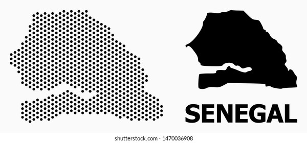 Mapa Pixel de la composición de Senegal e ilustración sólida. Mapa vectorial de la composición del Senegal de elementos de círculo con orden periódico hexagonal sobre fondo blanco.