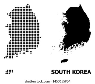 Pixel map of South Korea composition and solid illustration. Vector map of South Korea composition of circle items on a white background. Abstract flat territory plan for educational illustrations.