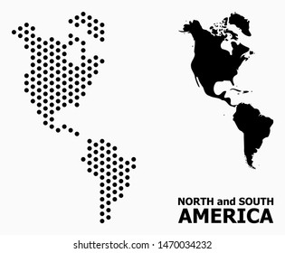 Pixel map of South and North America composition and solid illustration. Vector map of South and North America composition of circle dots with honeycomb periodic array on a white background.