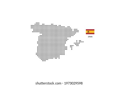 Pixel map of Spain. Vector square pixel dotted map of Spain isolated on white background with Spain flag.