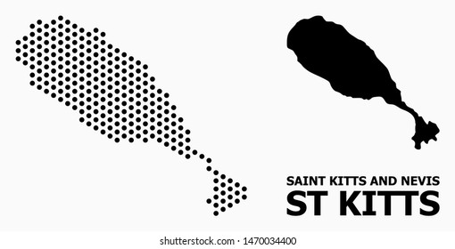 Pixel map of St Kitts Island mosaic and solid illustration. Vector map of St Kitts Island composition of sphere spots with hexagonal periodic array on a white background.