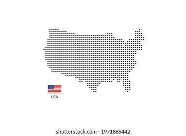 Pixel map of USA. Vector square pixel dotted map of USA isolated on white background with USA flag.