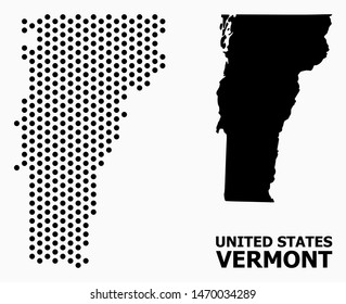 Pixel map of Vermont State composition and solid illustration. Vector map of Vermont State composition of circle points with honeycomb geometric pattern on a white background.