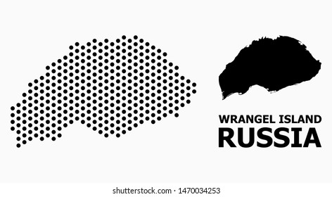 Pixel map of Wrangel Island composition and solid illustration. Vector map of Wrangel Island composition of round items with honeycomb periodic order on a white background.