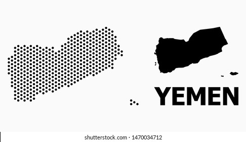 Pixel map of Yemen mosaic and solid illustration. Vector map of Yemen composition of spheric items with honeycomb periodic pattern on a white background.