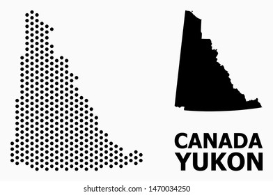 Pixel map of Yukon Province composition and solid illustration. Vector map of Yukon Province composition of sphere elements with hexagonal geometric pattern on a white background.