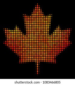 Pixel maple leaf icon. Bright pictogram in fire color variations on a black background. Vector halftone pattern of maple leaf pictogram constructed of round dots.
