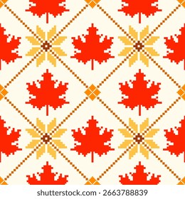 Pixel maple leaf seamless pattern for background fabric 