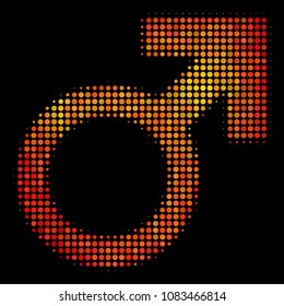 Pixel mars symbol icon. Bright pictogram in orange color shades on a black background. Vector halftone concept of mars symbol pictogram designed from spheric pixels.