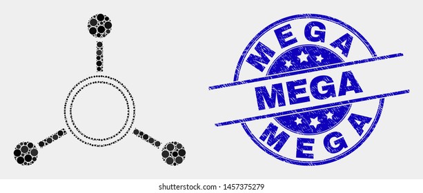 Pixel masternode links mosaic icon and Mega seal stamp. Blue vector rounded distress seal with Mega title. Vector composition in flat style.