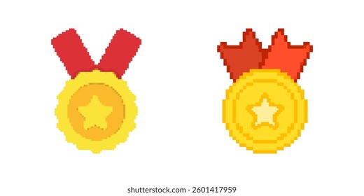 Pixel Medal Awards With Star Design Pixelated Icon Set. Pixel Art Symbol Collection Of Gold And Bronze Star Medals. Isolated Vector Illustration.
