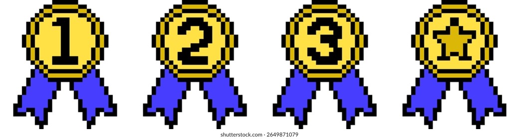 Pixel medallion vector, a retro-style award for achievement or recognition. Ideal for gaming, digital accolades, or nostalgic designs celebrating success and excellence.