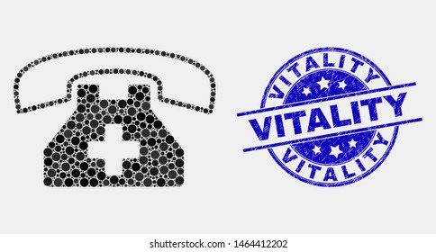 Pixel medical phone mosaic icon and Vitality seal stamp. Blue vector round distress stamp with Vitality text. Vector collage in flat style. Black isolated medical phone mosaic of randomized dots,