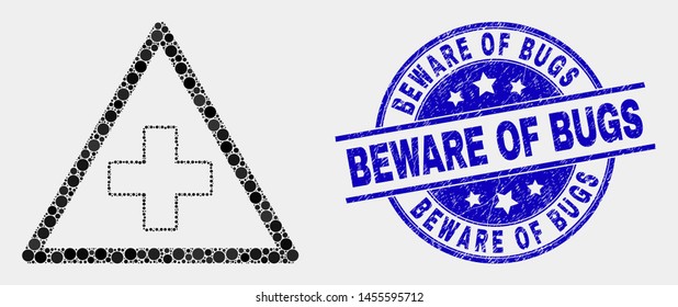Pixel medical warning triangle mosaic icon and Beware of Bugs seal stamp. Blue vector round distress seal stamp with Beware of Bugs title. Vector composition in flat style.