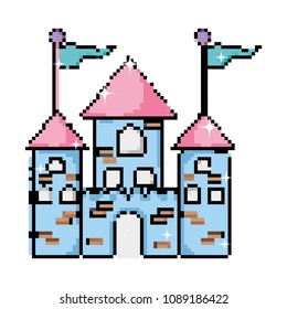 pixel medieval castle with flags and windows