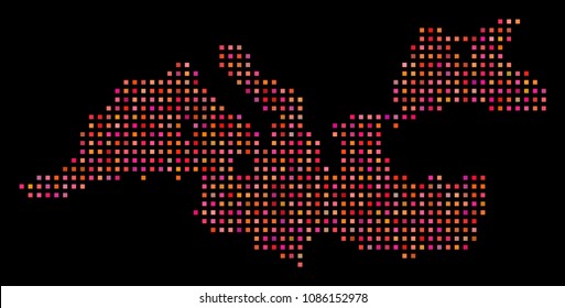 Pixel Mediterranean Sea map. Vector geographic map in red color variations on a black background. Abstract pattern of Mediterranean Sea map made of regular square elements.