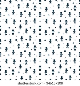 Pixel men Seamless pattern. Black and white vector background.