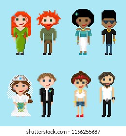 Pixel men, women, girls and boys of different nationalities, with different hair color and image. A set of pixel people in pairs.