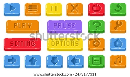 Pixel menu buttons. Retro video game interface icons, 8 bit game panel plus minus symbols, old school application buttons. Vector UI elements