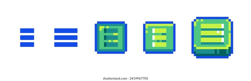 Pixel Menu Icon Set for Retro Game UI. Retro 8-Bit Style Navigation Hamburger Buttons