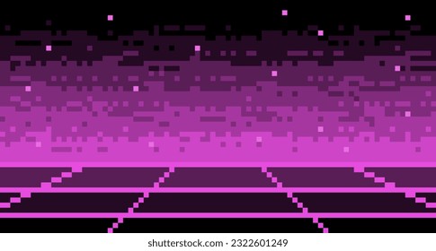 Fondo de la superficie de la malla del neón de la malla del pixel. Cuadrícula geométrica de 8 bits en blanco morado de 80 con luminaria rayada de cyberpunk. Brillo violeta electrónico en el estilo vectorial de los años 90
