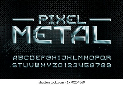 Pixel Metal alphabet font. Chrome effect futuristic letters and numbers. Pixel background. 80s arcade video game typescript.