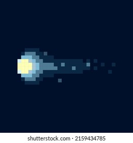 Pixel meteorite, meteoroid falling stone, asteroid glowing celestial body in outer space, pixelated body. Vector falling star 8bit game design icon. Small rocky firing ball, catastrophe sign