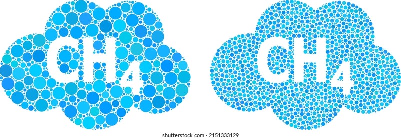 Pixel methane cloud icon. Collage methane cloud icon composed of circle parts in various sizes and color tints. Vector circle spots are composed into collage methane cloud icon.