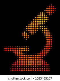 Pixel microscope icon. Bright pictogram in hot color shades on a black background. Vector halftone pattern of microscope symbol made from circle dots.