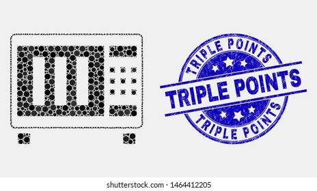 Pixel microwave oven mosaic icon and Triple Points stamp. Blue vector round distress stamp with Triple Points phrase. Vector composition in flat style.