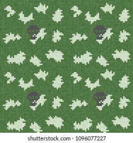 Pixel military background of soldier green camouflaging pattern with skulls. Digital camouflage seamless pattern. 